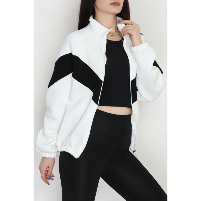 3 İplik Oversize Fermuarlı Sweat Ekrusiyah - 42504.1878.