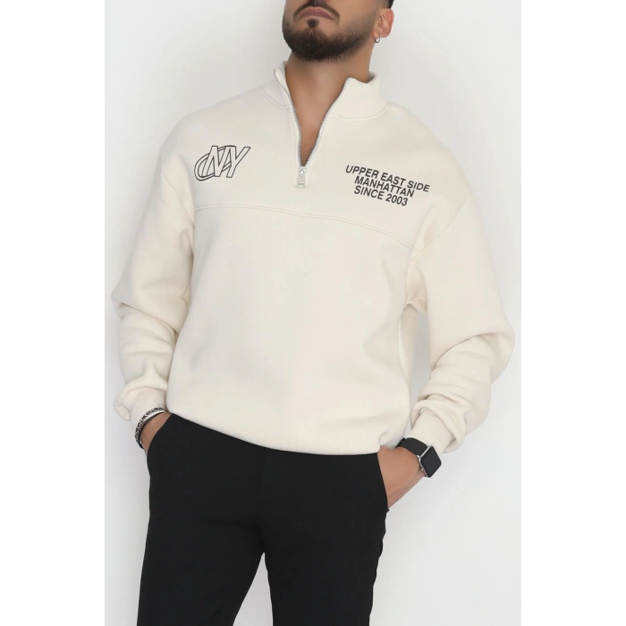 3 İplik Şardonlu Baskılı Erkek Sweat Ekru1 - 31610.1872.