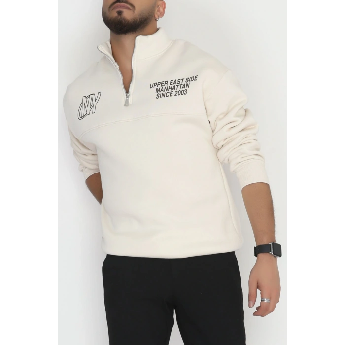 3 İplik Şardonlu Baskılı Erkek Sweat Ekru1 - 31610.1872.