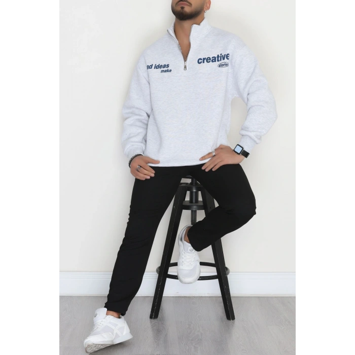 3 İplik Şardonlu Baskılı Erkek Sweat Gri - 31610.1872.