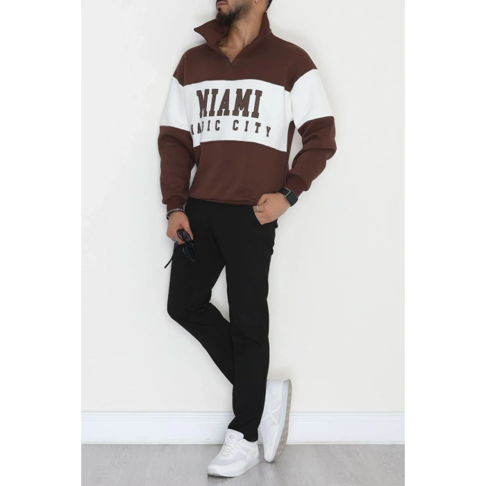 3 İplik Şardonlu Baskılı Erkek Sweat Kahvebeyaz - 31611.1872.