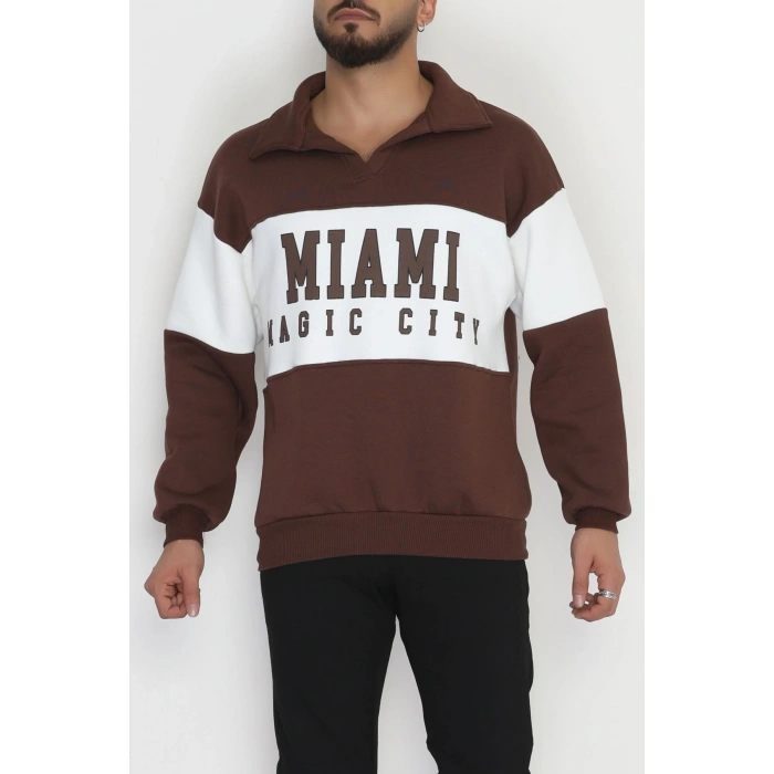 3 İplik Şardonlu Baskılı Erkek Sweat Kahvebeyaz - 31611.1872.