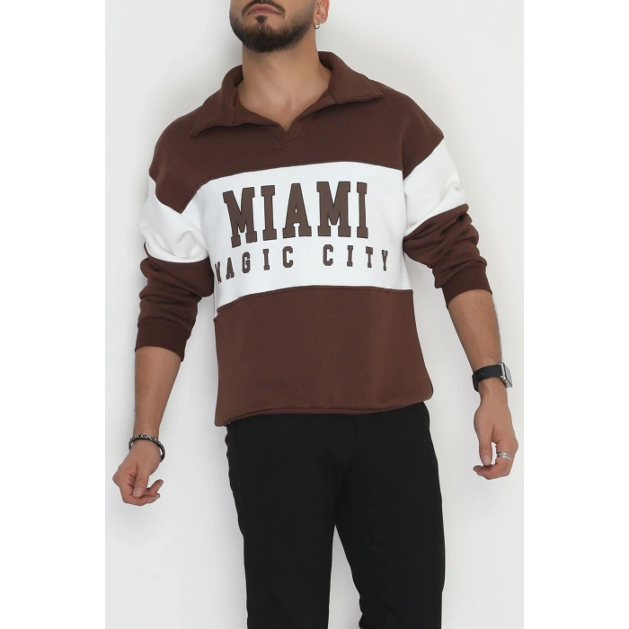 3 İplik Şardonlu Baskılı Erkek Sweat Kahvebeyaz - 31611.1872.