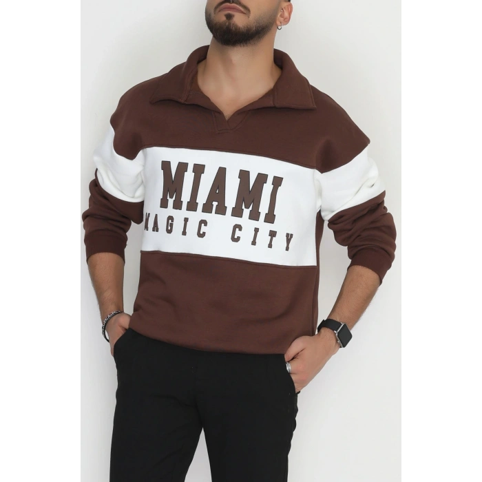 3 İplik Şardonlu Baskılı Erkek Sweat Kahvebeyaz - 31611.1872.