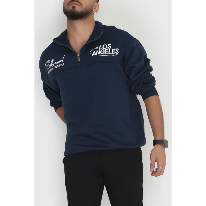 3 İplik Şardonlu Baskılı Erkek Sweat Lacivert - 31610.1872.