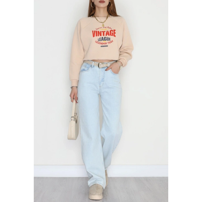 3 İplik Şardonlu Baskılı Sweat Bej - 42605.1878.