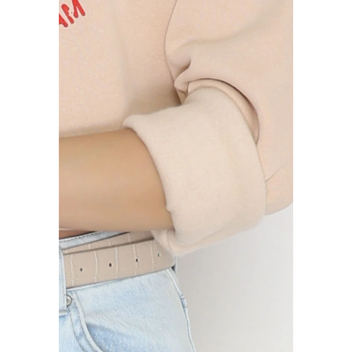 3 İplik Şardonlu Baskılı Sweat Bej - 42605.1878.