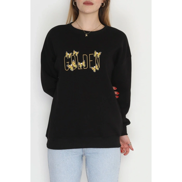 3 İplik Şardonlu Baskılı Taşlı Sweat Siyahsarı - 42604.1878.