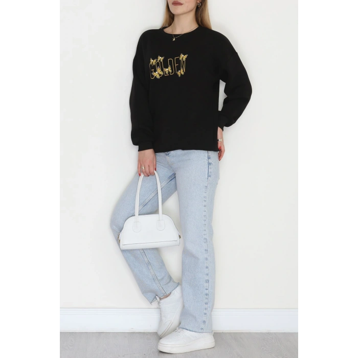 3 İplik Şardonlu Baskılı Taşlı Sweat Siyahsarı - 42604.1878.