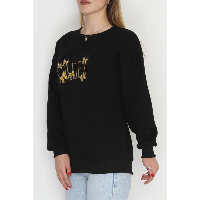 3 İplik Şardonlu Baskılı Taşlı Sweat Siyahsarı - 42604.1878.