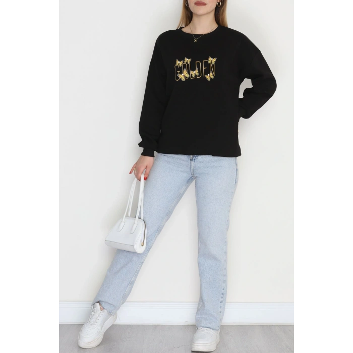 3 İplik Şardonlu Baskılı Taşlı Sweat Siyahsarı - 42604.1878.