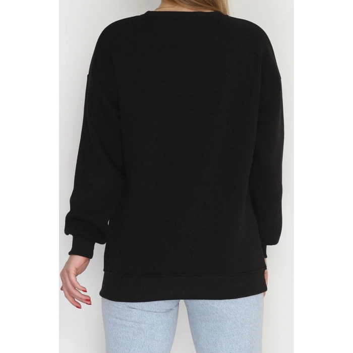 3 İplik Şardonlu Baskılı Taşlı Sweat Siyahsarı - 42604.1878.