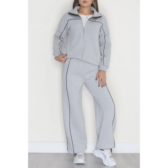 3 İplik Şardonlu Biyeli Fermuarlı Takım Gri - 52031.1857.