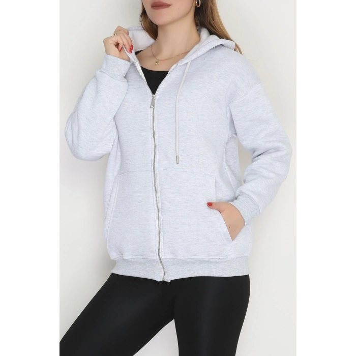 3 İplik Şardonlu Fermuarlı Kapşonlu Sweat Gri - 52070.2113.