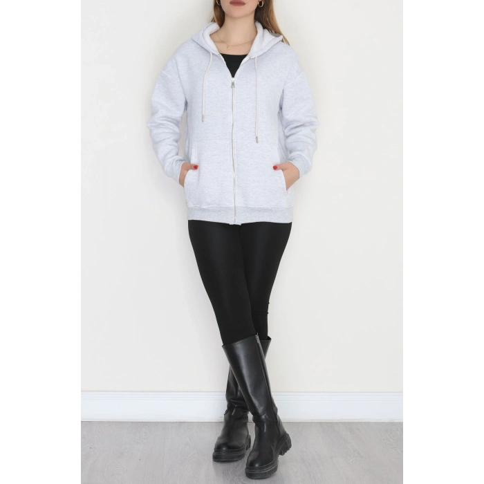 3 İplik Şardonlu Fermuarlı Kapşonlu Sweat Gri - 52070.2113.