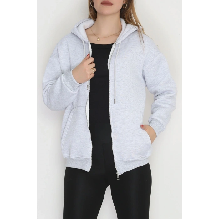 3 İplik Şardonlu Fermuarlı Kapşonlu Sweat Gri - 52070.2113.