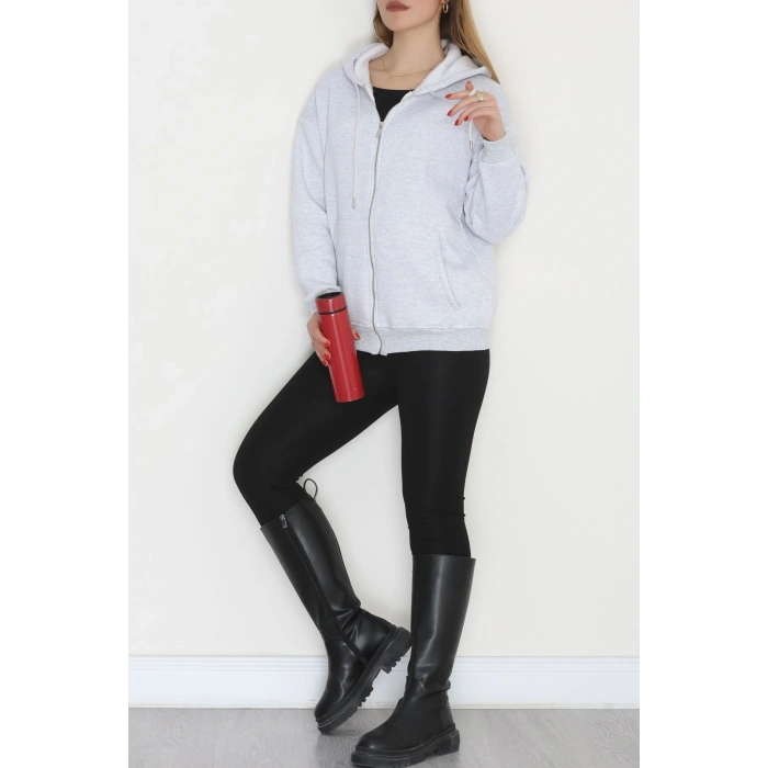 3 İplik Şardonlu Fermuarlı Kapşonlu Sweat Gri - 52070.2113.