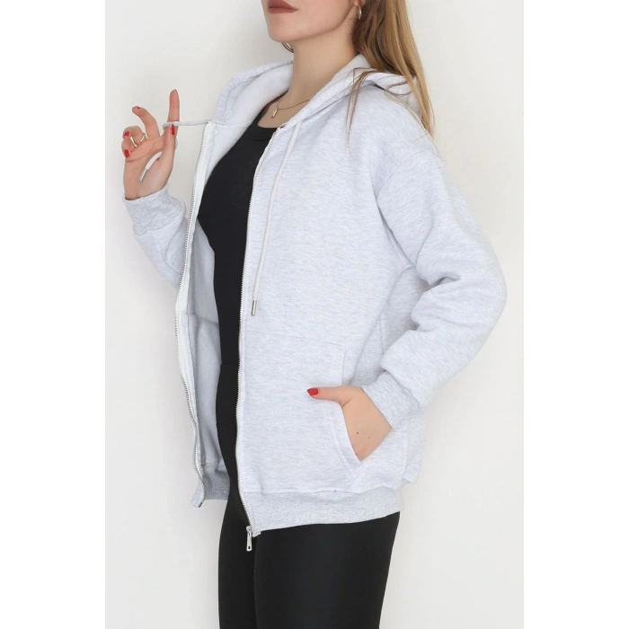 3 İplik Şardonlu Fermuarlı Kapşonlu Sweat Gri - 52070.2113.