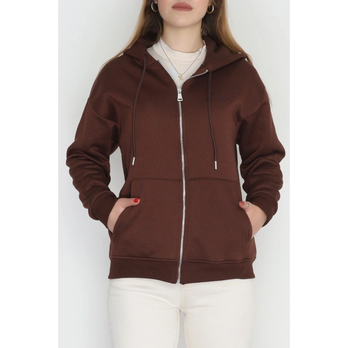 3 İplik Şardonlu Fermuarlı Kapşonlu Sweat Kahve - 52070.2113.