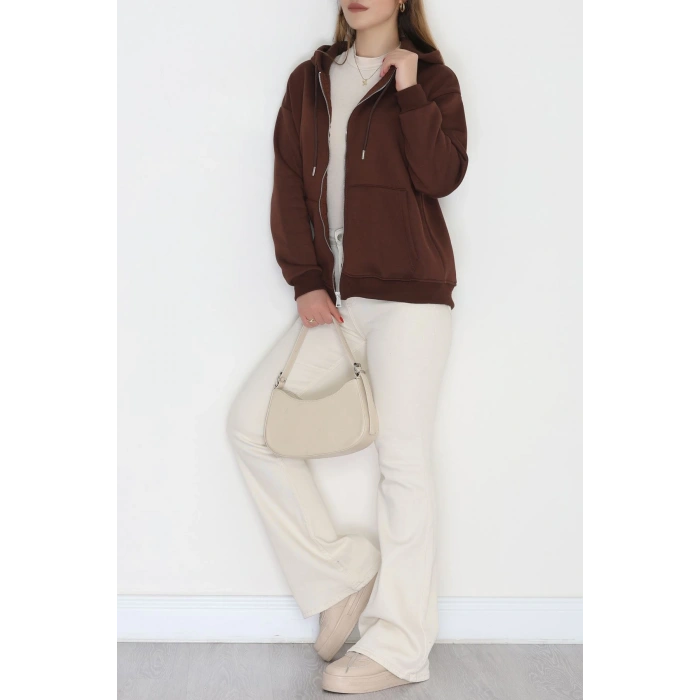 3 İplik Şardonlu Fermuarlı Kapşonlu Sweat Kahve - 52070.2113.