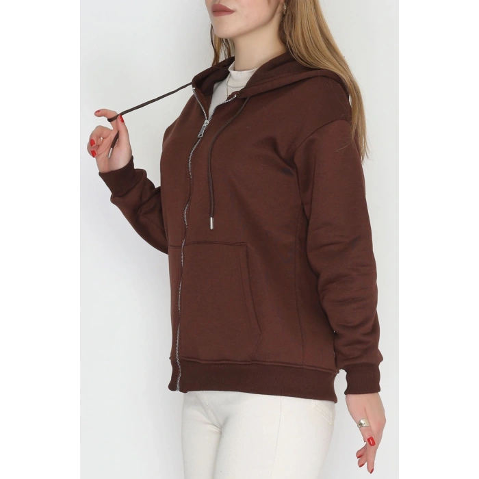 3 İplik Şardonlu Fermuarlı Kapşonlu Sweat Kahve - 52070.2113.