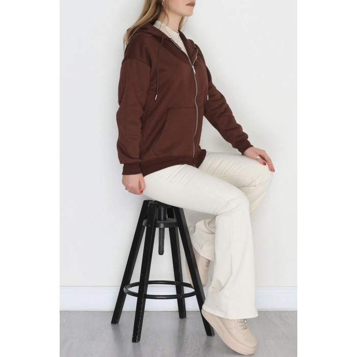 3 İplik Şardonlu Fermuarlı Kapşonlu Sweat Kahve - 52070.2113.