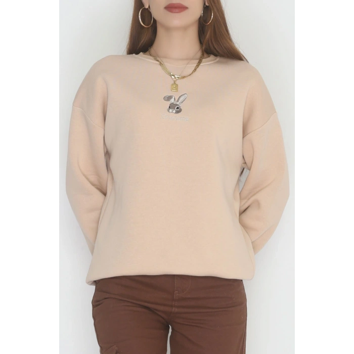 3 İplik Şardonlu Nakışlı Sweat Bej - 42608.1878.