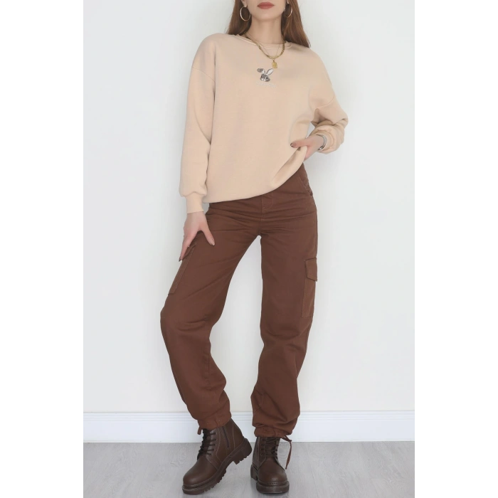 3 İplik Şardonlu Nakışlı Sweat Bej - 42608.1878.