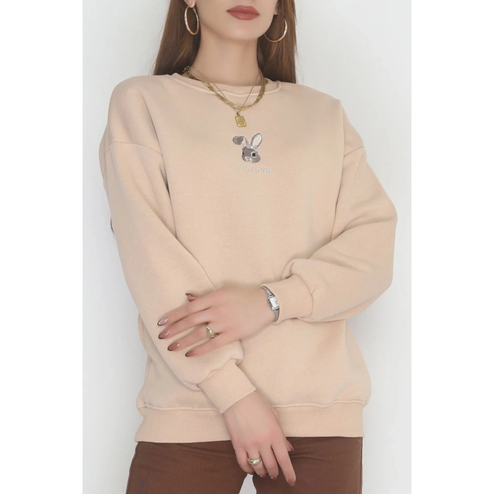 3 İplik Şardonlu Nakışlı Sweat Bej - 42608.1878.