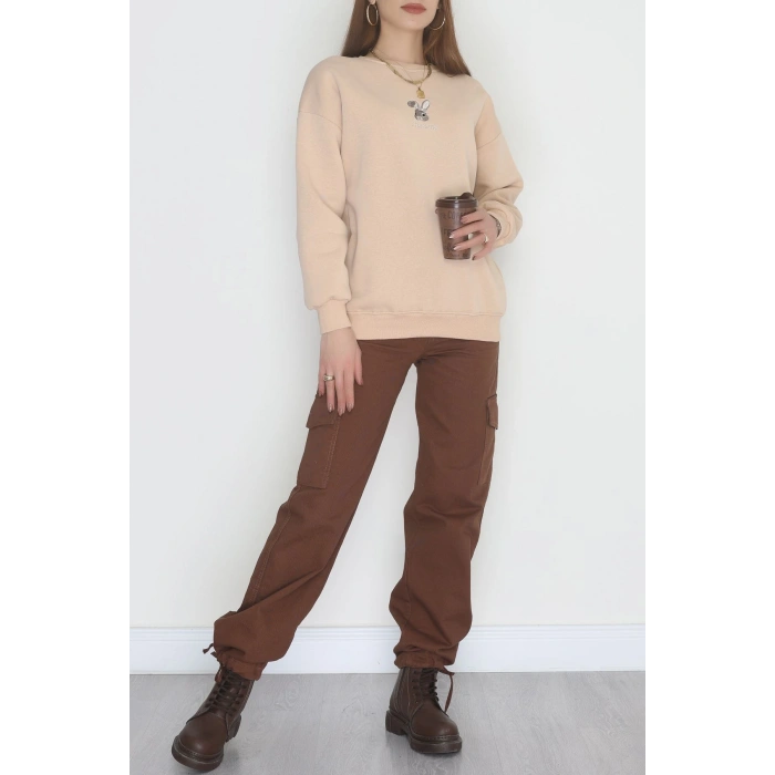 3 İplik Şardonlu Nakışlı Sweat Bej - 42608.1878.