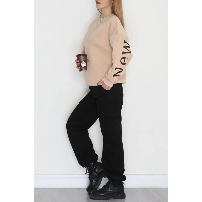 3 İplik Şardonlu Oversize Sweat Bej - 50922.1878.