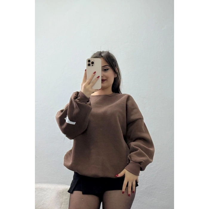 3 İplik Şardonlu Oversize Sweat Kahve - 50918.1878.