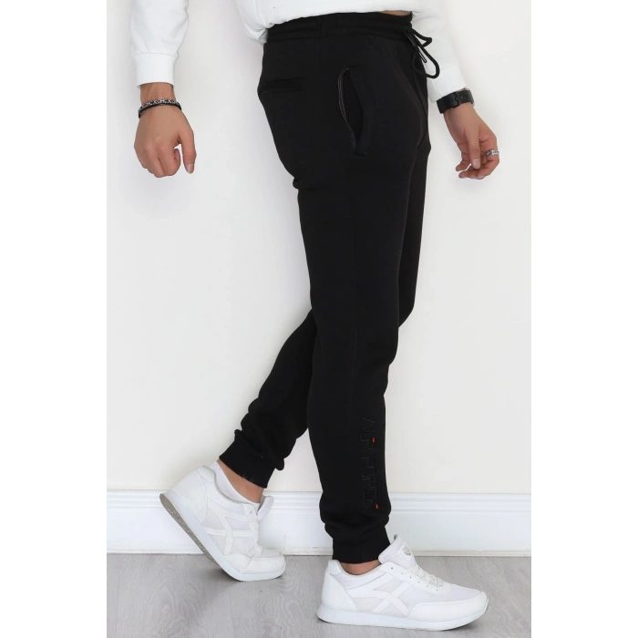 3 İplik Şardonlu Paça Nakışlı Erkek Eşofman Altı Siyah - 31615.2066.