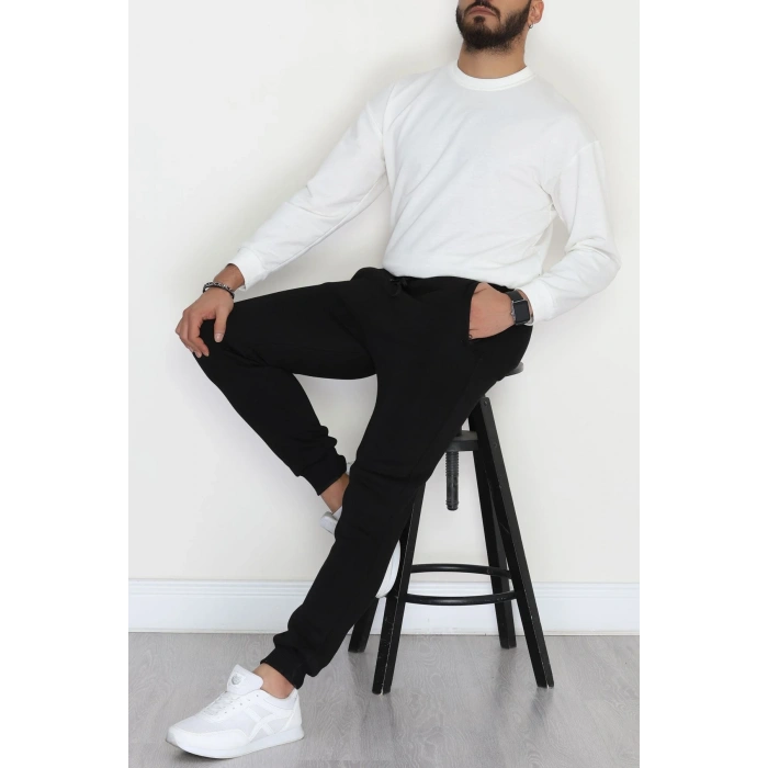 3 İplik Şardonlu Paça Nakışlı Erkek Eşofman Altı Siyah - 31615.2066.