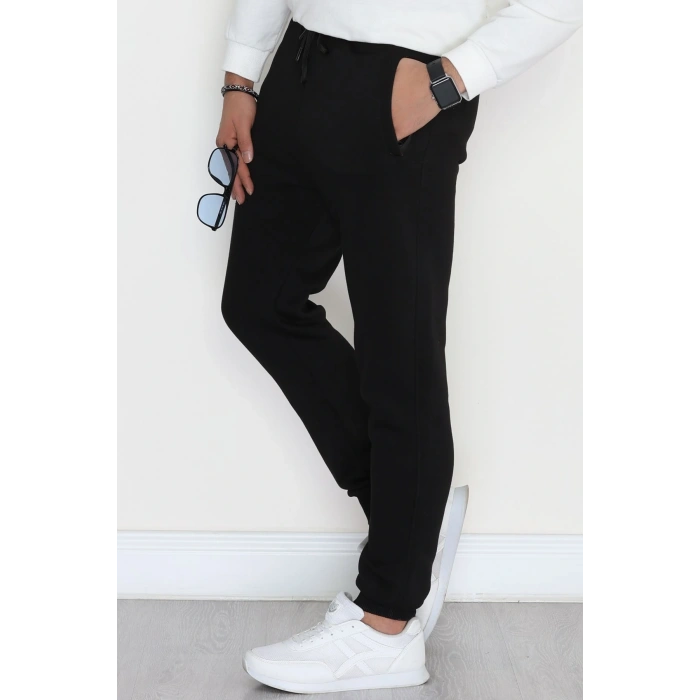 3 İplik Şardonlu Paça Nakışlı Erkek Eşofman Altı Siyah - 31615.2066.