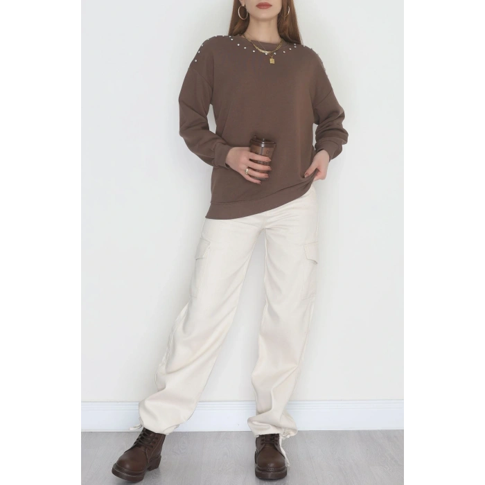3 İplik Şardonlu Taşı Sweat Kahve - 42609.1878.