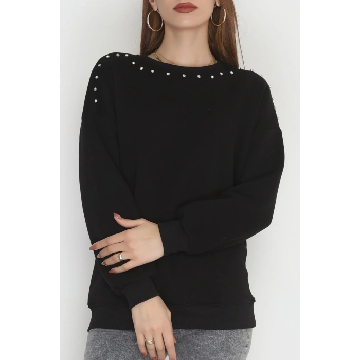 3 İplik Şardonlu Taşı Sweat Siyah - 42609.1878.