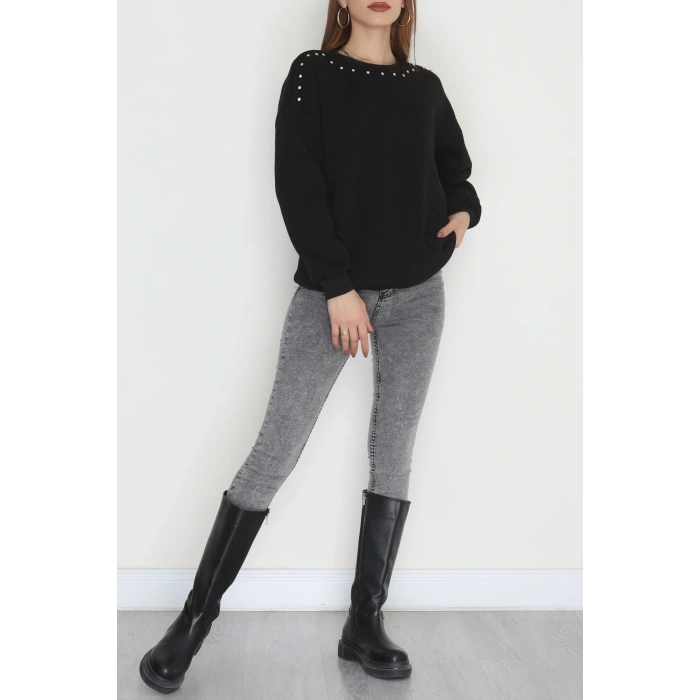 3 İplik Şardonlu Taşı Sweat Siyah - 42609.1878.