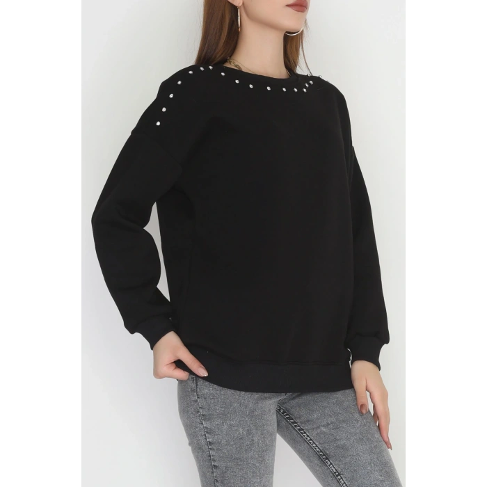 3 İplik Şardonlu Taşı Sweat Siyah - 42609.1878.