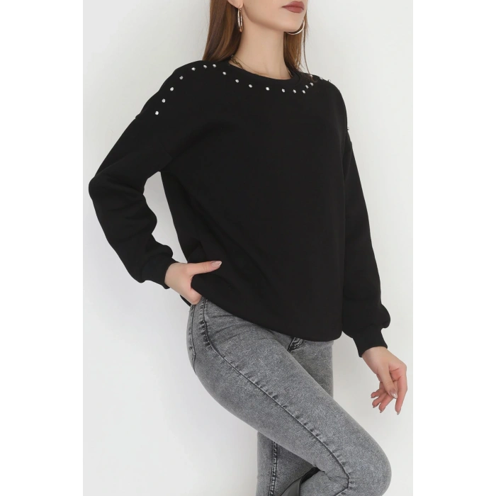 3 İplik Şardonlu Taşı Sweat Siyah - 42609.1878.