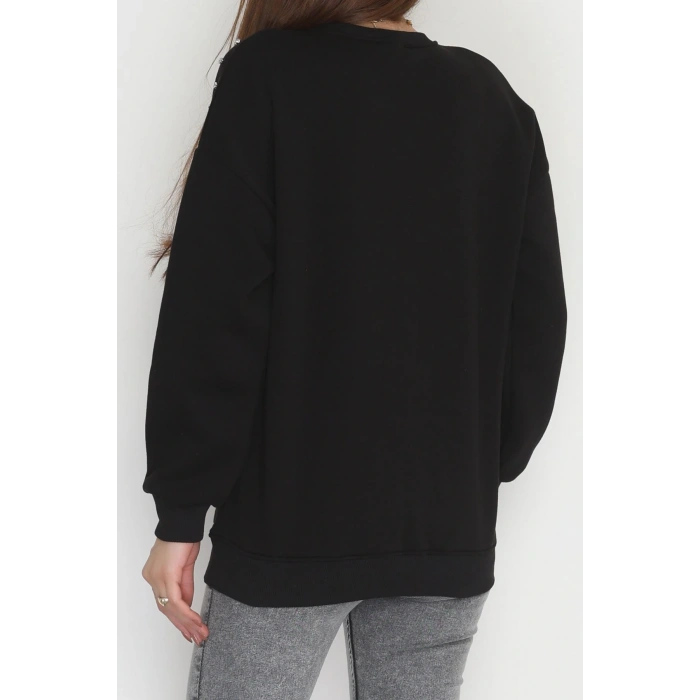 3 İplik Şardonlu Taşı Sweat Siyah - 42609.1878.