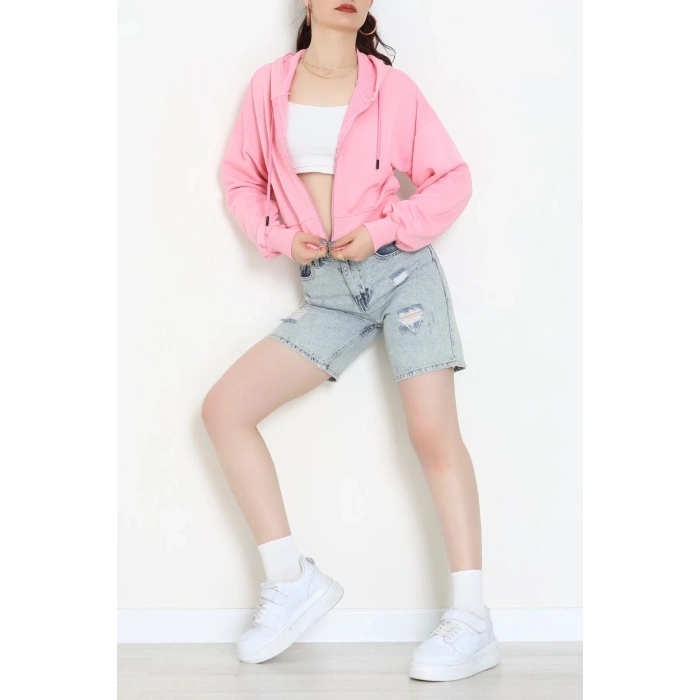 3 İplik Şardonsuz Balon Kol Crop Sweat Açıkpembe - 80773.1878.