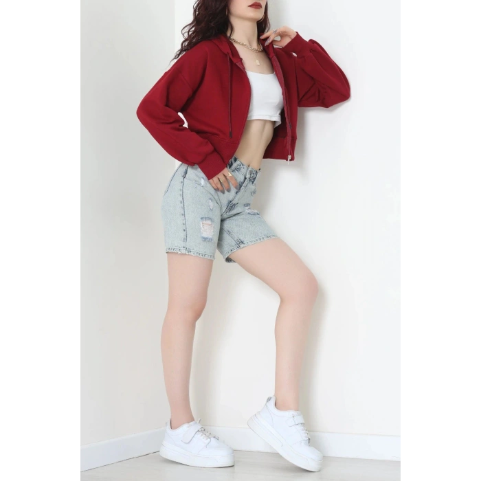 3 İplik Şardonsuz Balon Kol Crop Sweat Bordo - 80773.1878.