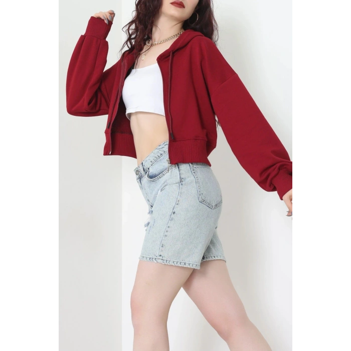 3 İplik Şardonsuz Balon Kol Crop Sweat Bordo - 80773.1878.