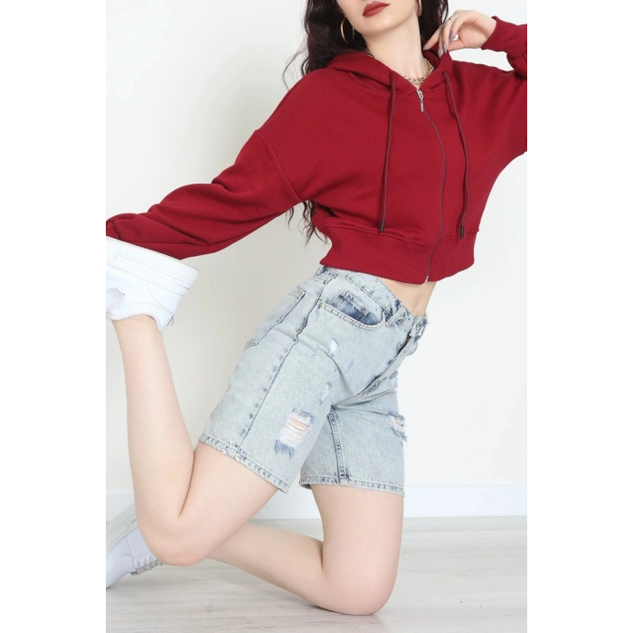 3 İplik Şardonsuz Balon Kol Crop Sweat Bordo - 80773.1878.