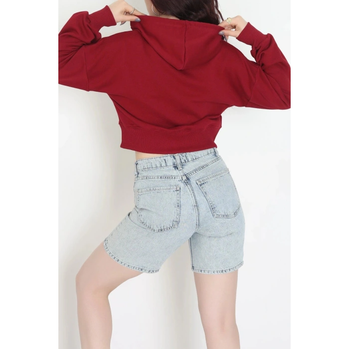 3 İplik Şardonsuz Balon Kol Crop Sweat Bordo - 80773.1878.