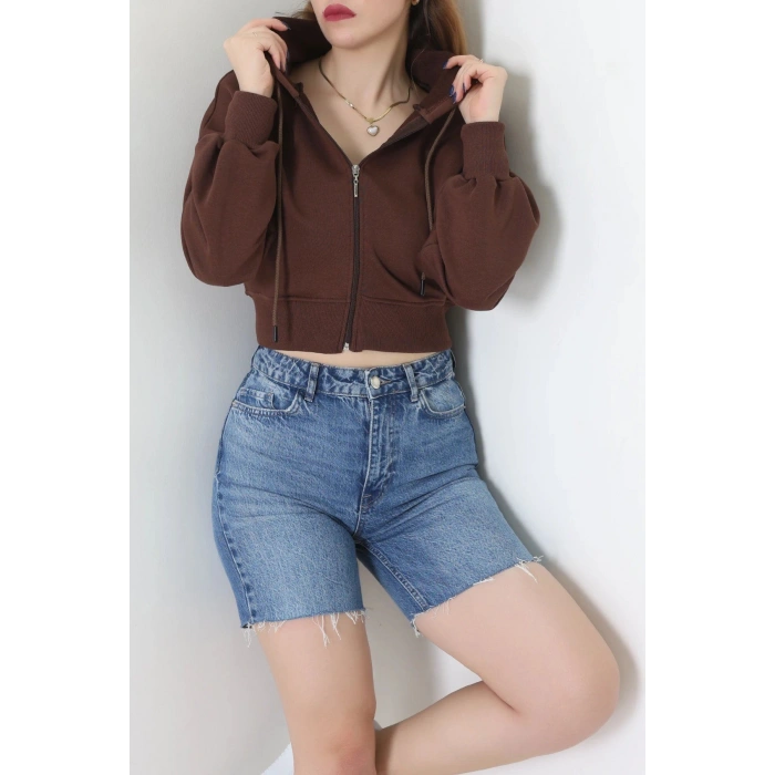 3 İplik Şardonsuz Balon Kol Crop Sweat Kahve - 80773.1878.