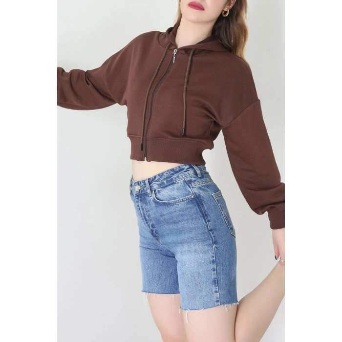 3 İplik Şardonsuz Balon Kol Crop Sweat Kahve - 80773.1878.