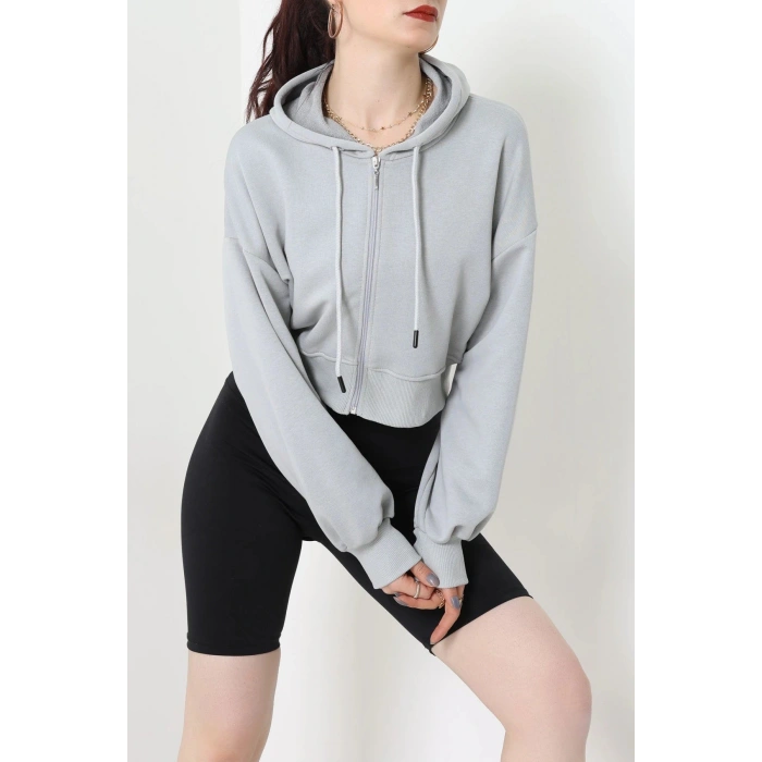3 İplik Şardonsuz Balon Kol Crop Sweat Koyugri - 80773.1878.