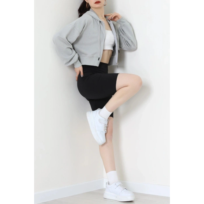 3 İplik Şardonsuz Balon Kol Crop Sweat Koyugri - 80773.1878.